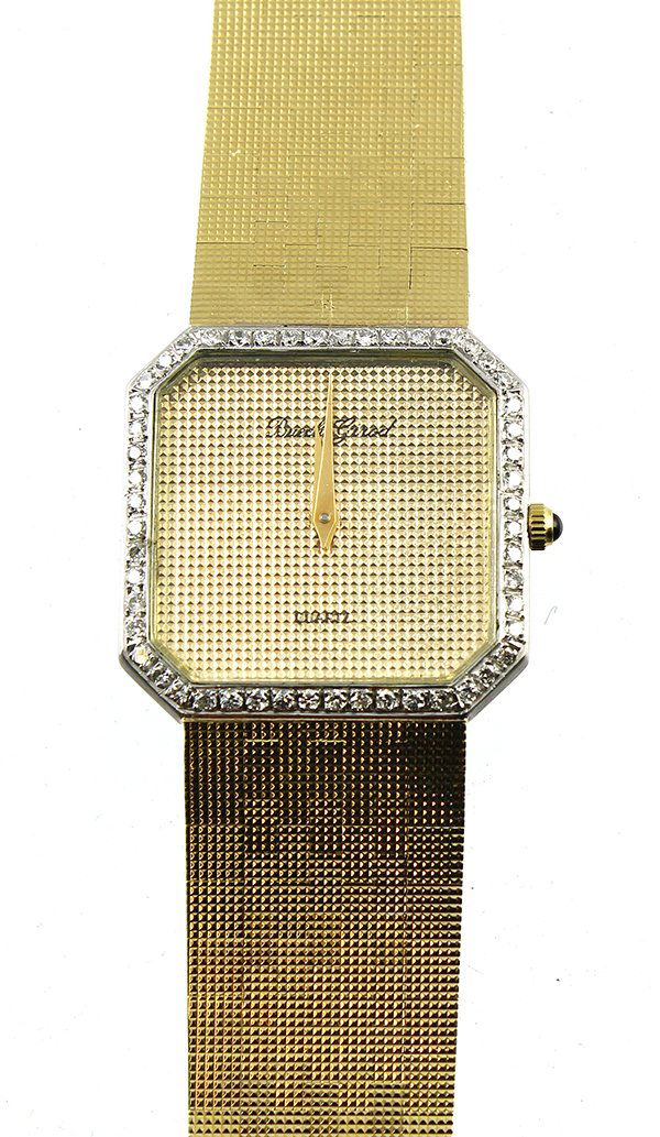Gentleman's Bueche Girod diamond, having a textured: Gentleman's Bueche Girod diamond, having a textured dial; quartz movement, octagonal eighteen karat white gold case set with full cut diamonds totaling 0.65 ct, completed by an integral eighteen karat