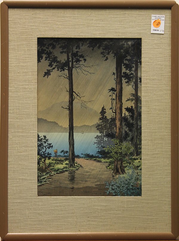Japanese Woodblock Print Koitsu, Hakone: Tsuchiya Koitsu (Japanese, 1870-1948), 'Morning Rain in Hakone', woodblock print, 1938, sight: 15"h x 10"w, overall (frame): 23"h x 17"w