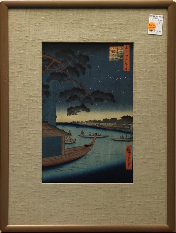 Japanese Woodblock Prints Hiroshige, 1856: (lot of 2) Utagawa Hiroshige (Japanese, 1797-1858), woodblock prints, 1856, 'Kameido Shrine' and 'Pine Tree by the Asakusa River' from the Famous 100 places in Edo (=Tokyo) series, with signatures and