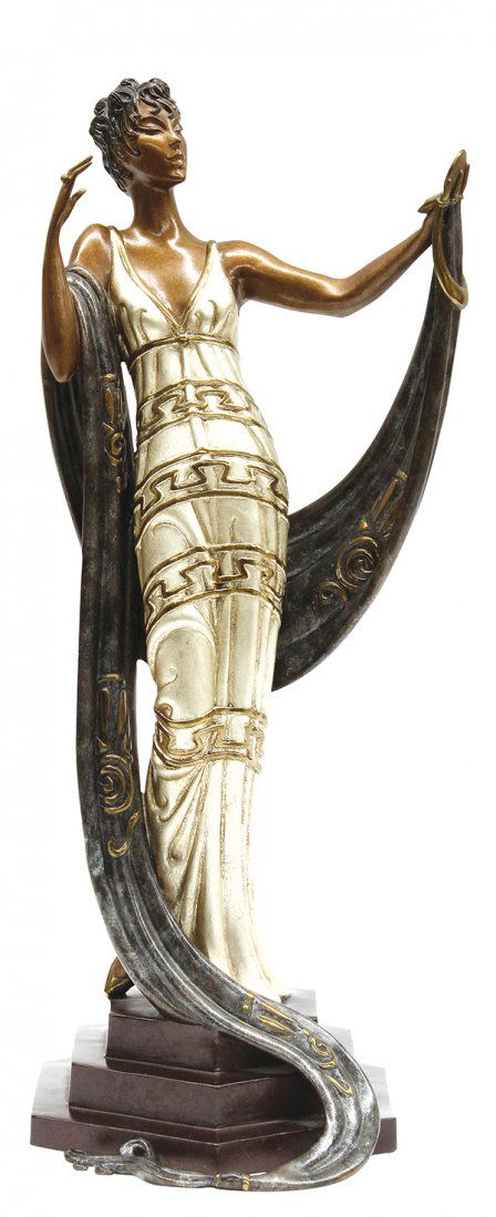 Sculpture, Erte, La Coquette, 1985: Erte (Romain de Tirtoff) (French/Russian, 1892-1990), ''La Coquette,'' 1985, polychrome bronze sculpture, incised signature at upper base, from an edition of 375, foundry stamped Fine Arts Acquisition