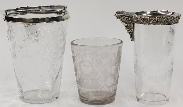 Sterling and glass table articles: (lot of 3) Sterling and glass table articles including a Hawkes sterling silver mounted wine bucket, a German .800 sterling silver mounted beaker and an etched glass vase, tallest: 8"h