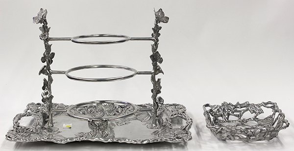 Arthur Court molded pewter table articles: (lot of 3) Arthur Court molded pewter table articles each having a butterfly motif consisting of a large two handled serving tray, a reticulated basket and a pastry stand, tray: 16.5"h x 23.25"w