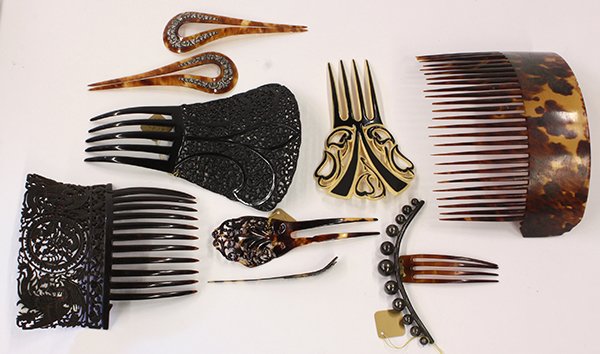 Group of tortoise shell and celluloid hair accesories: (lot of 9) Group of tortoise shell and celluloid hair accesories including hair combs, various sizes, largest: 5"h x 7"w