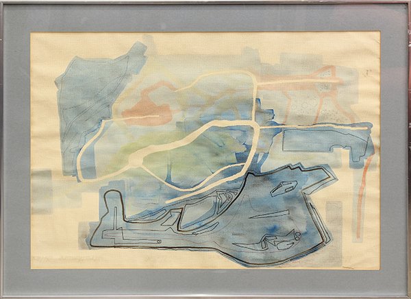 Abstract Watercolor, Donald O. Greene: Donald O. Greene (Californian, b.1940), "Danube" 1967, acrylic, watercolor and ink on paper, signed and dated lower right, title label affixed verso, sight: 29.5"h x 20.25"w, overall: 34.75"h x 25.75"
