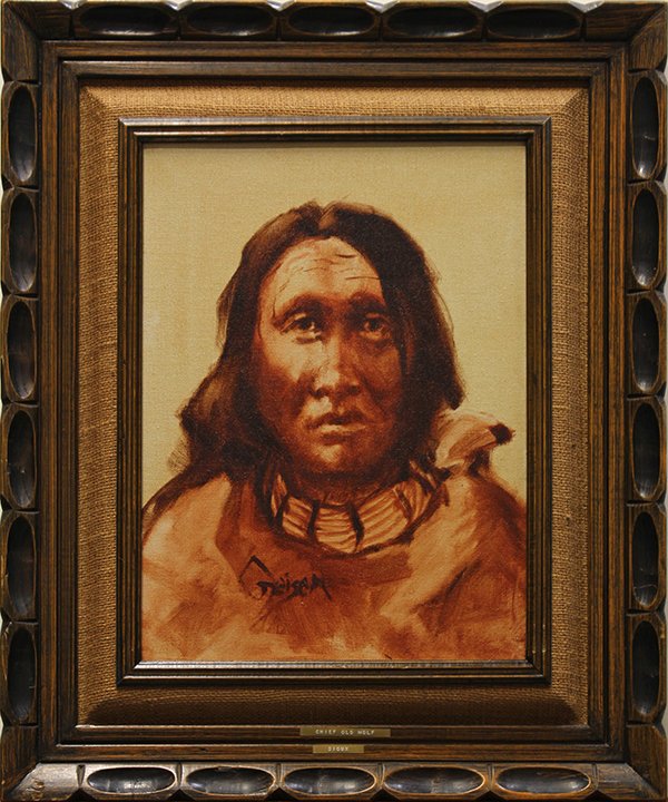 Painting, Tim Geisen: Tim Geisen (American, 20th century), ''Chief Old Wolf, Sioux,'' 1972, oil on canvas, signed lower center, signed, titled and dated verso, overall (wtih frame), 24''h x 20''w