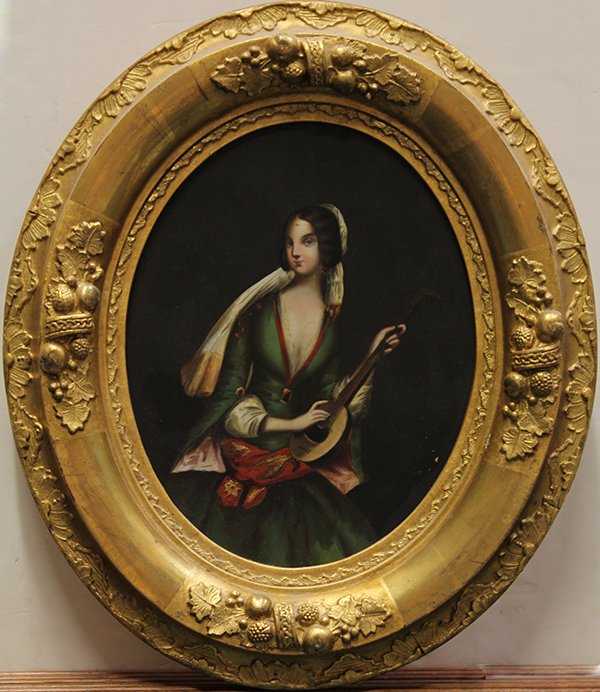 20th c. Painting, Woman with Instrument: Continental School (19th century), Woman with Instrument, oil on tin, unsigned, overall (with oval frame): 14.25''h x 12.5''w