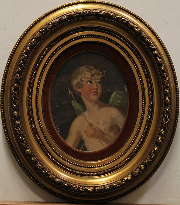 Painting, Portrait of Eros: Continental School (20th century), Portrait of Eros, oil on board, unsigned, overall (with oval frame): 18.5''h x 15.25''w