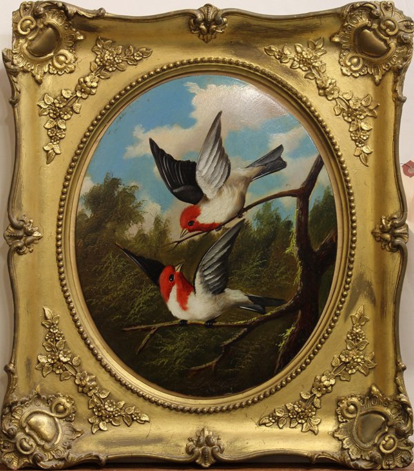 19th c. Painting, Red-headed Woodpeckers: Continental School (20th century), Red-headed Woodpeckers, oil on board, signed indistinctly lower center, overall (with frame): 14.75''h x 12.75''w