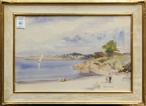 Painting, Virginia Gruppe, Coastal Scene with Figures: Virginia Gruppe (American, 1907-1980), Coastal Scene with Figures, watercolor, signed lower right, sight: 11.5"h x 17.5"w, overall: 16.5"h x 22.5"w, note: Accompanied by Newcomb Macklin frame
