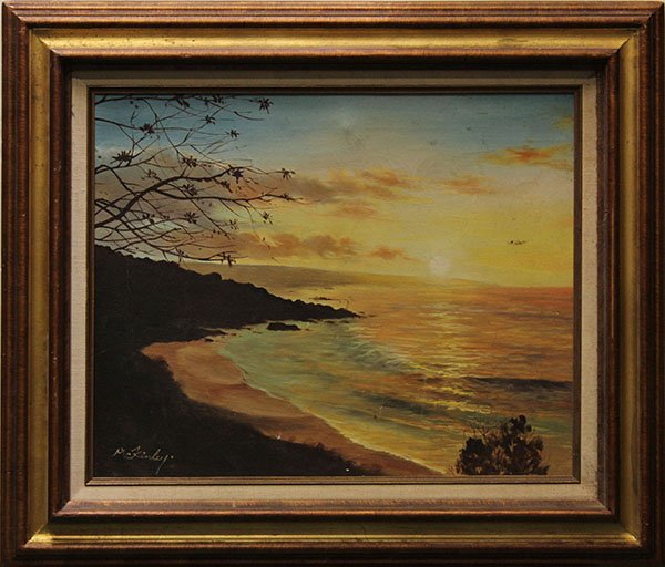 Painting, California Coast at Sunset: California Coast at Sunset, oil on canvas, signed "McKinley" lower left, 20th century, overall: 23.25"h x 27.25"w