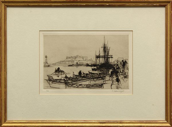 Print, Redmond Stephens Wright, Boats in the Harbor: Redmond Stephens Wright (American, b. 1903), Boats in the Harbor, 1935, etching, pencil signed lower right, edition 6/50, overall (with frame): 14.75"h x 19.75"w