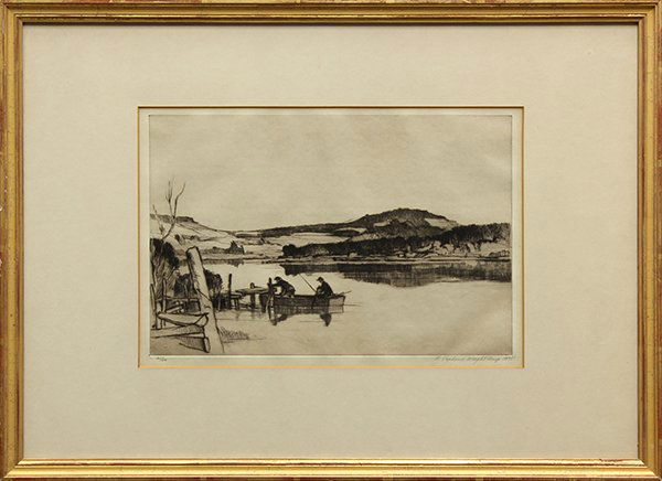 Print, Redmond Stephens Wright, Fishermen in Marin: Redmond Stephens Wright (American, b.1903), Fisherman in Marin, 1935, etching, pencil signed lower right, edition 21/50, overall (with frame): 15.75"h x 21.75"w