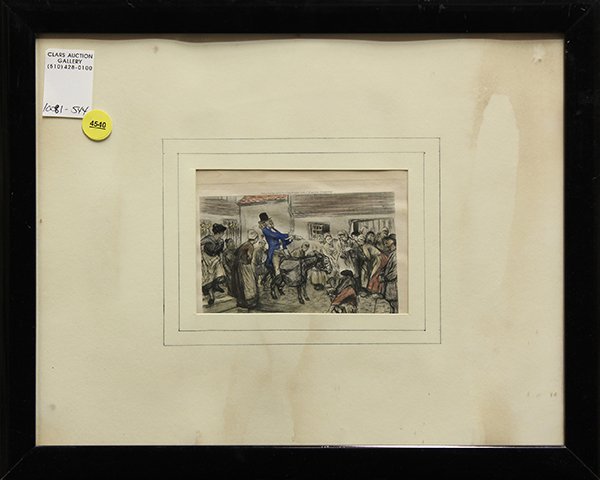 Print, William Glackens, ''Doubourg Drew from His: William Glackens (American, 1870-1938), ''Doubourg Drew from His Basket a Mechanical Syringe,'' hand colored etching, title label affixed verso, overall (with frame): 12.75''h x 15.5''w