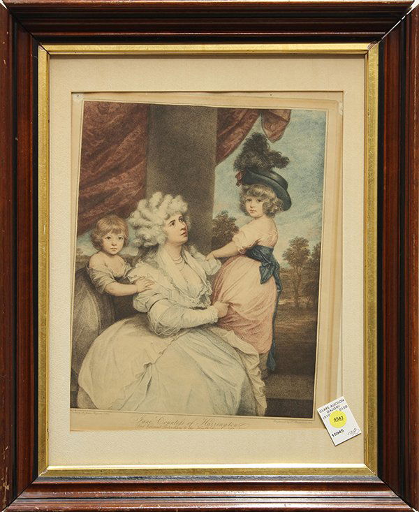 Print, Bartolozzi, ''Jane Countess of Harrington'': Francesco Bartolozzi (Italian, 1727-1815), ''Jane Countess of Harrington,'' after a painting by Sir Joshua Reynolds (British, 1723-1792), stipple engraving with hand coloring, plate signed, overall (w