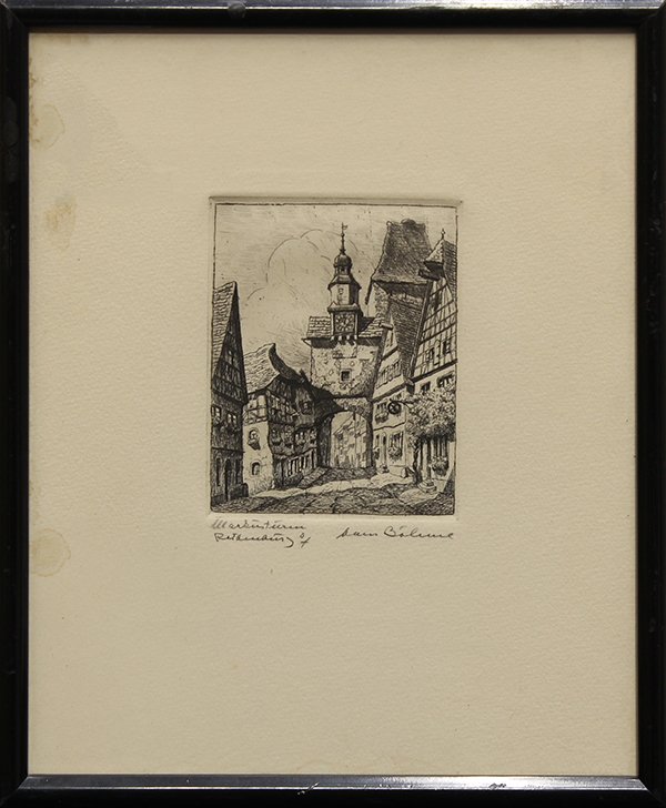19th c. Etchings, View of Rothenburg, Germany: (lot of 3) German School (19th century), Views of Rothenburg, Germany, etchings, signed indistinctly lower right, titled lower left, overall (each with frame): 10'''h x 8.25''w