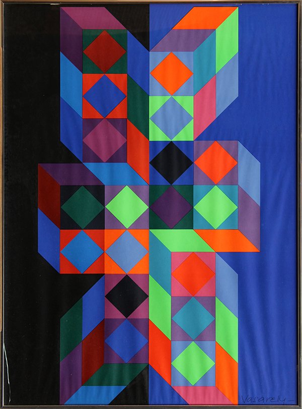 Screenprint, Victor Vasarely: Victor Vasarely (French/Hungarian, 1906-1997), Untitled, screenprint, signed lower right, sight: 33.5"h x 24.5"w, overall: 34.25'h x 25.25"w