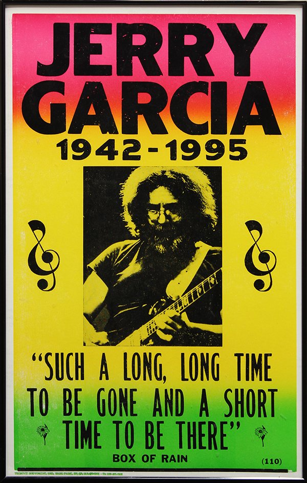 Jerry Garcia Memorial Poster: Jerry Garcia Memorial poster, published by Tribune Showprint, Inc. Earl Park, IN, overall (with frame): 22.25"h x 14.25"w. Provenance: From the Collection of Joseph Buchwald, father of Marty Balin of 