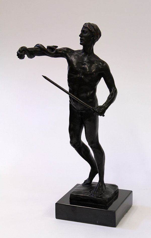 Bronze Sculpture, After Pierre Fix-Masseau, Nude Male: After Pierre Fix-Masseau (French, 1905-1994), Nude Male with Serpent, bronze sculpture on a wooden base, signed "F. Masseay" on base, overall: 13.75"h x 4.5"w x 4.5"d