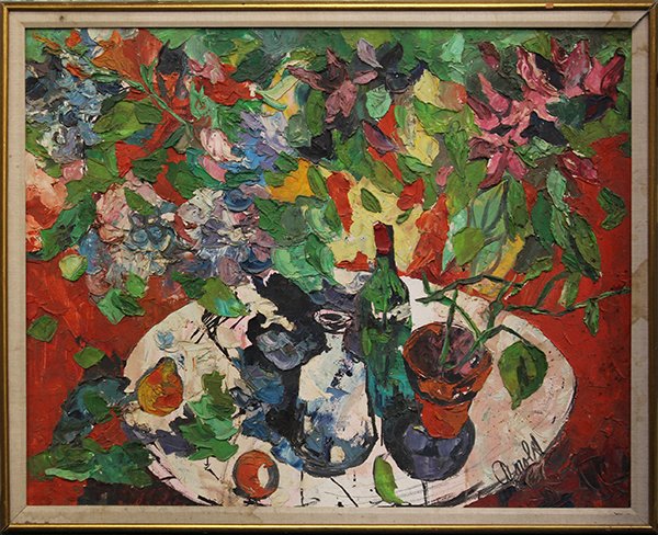 Painting, Bob Arnold, Still Life with Flowers: Bob Arnold (American, 20th century), Still Life with Flowers, oil on canvas, signed lower right, overall" 42"h x 52.5"w