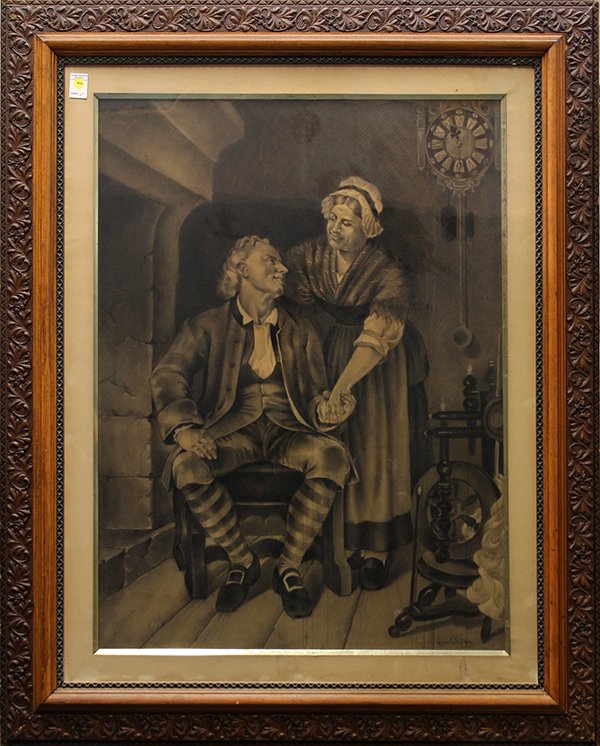 Drawing by Laura Elizabeth (Monroe) Foster: Laura Elizabeth (Monroe) Foster (Californian, 1871-1920), A Happy Couple, charcoal drawing on paper, signed lower right, overall: 53"h x 43.25"w