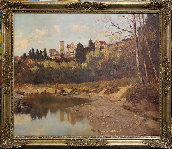 J. Burgess/German School (20th century), "Lahnstein,": J. Burgess/German School (20th century), "Lahnstein," 1921, oil on canvas, signed lower right, overall: 43.25"h x 49.5"w
