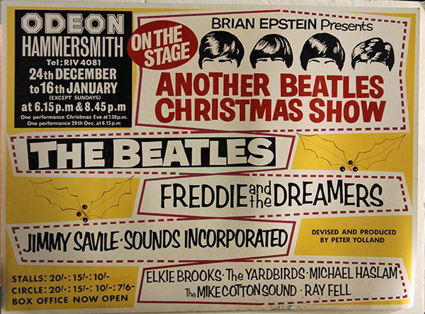 Set of 4 posters includings the Beatles and Music: (lot of 4) Assorted unframed posters including John Lennon at a Piano photographed by Peter Fordham, Brian Epstein Presents Another Beatles Christmas Show, Ambler Music Festival/Institute of Temple Un