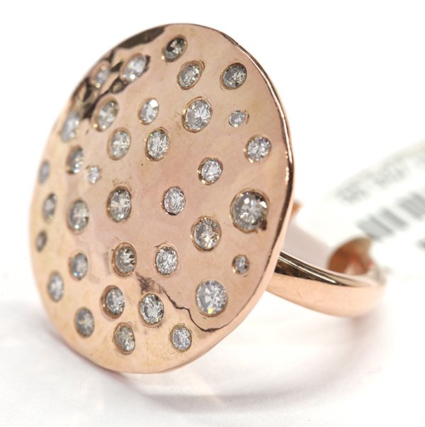 Diamond hammered rose gold ring: Diamond and 14K rose gold ring featuring flush set diamonds totaling 1.60 ct.; set in a hammered 14K rose gold mounting; Size 6.5; 9.4 grams Condition: new; diamonds displaying IJ color, SI clarity Pr