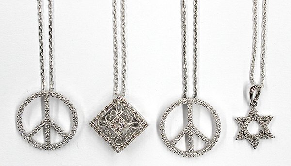 (Lot of 4) Colored gemstone, diamond and 14k white gold: (Lot of 4) Colored gemstone, diamond and 14k white gold jewelry collection of (4) diamond detailed, 14k white gold pendant necklaces; peace symbol, star and filigree box; 9.5 grams. Provenance: Closed