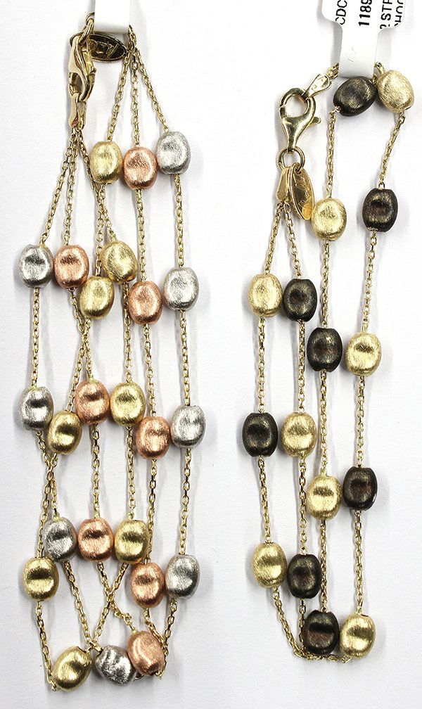 White yellow rose blacken gold bead chain bracelets: (Lot of 2) Multi-strand bead and 14k gold chain bracelets both mounted in 14K yellow gold with white, rose, yellow and blacken gold beads; Combined total weight approximately 11.4 grams Provenance: Cl