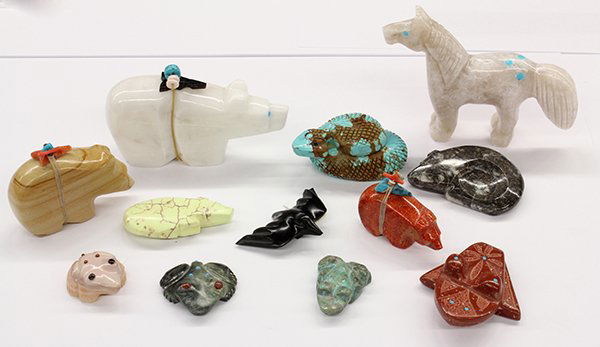 American Indian Fetish of stone sapphire turquoise: Collection of carved hardstone animals in turquoise, quartz, fossilized shell, sapphire, etc., of various animals including snake, frog, horse, bear, turtle, rabbit and bird. Some items signed or incl