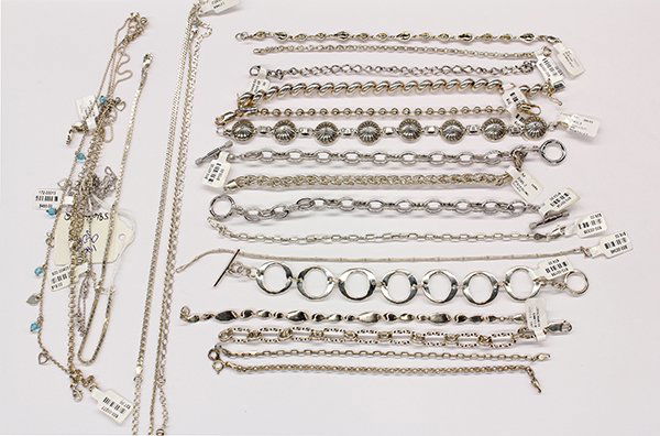 Anklets bracelets white gold sterling silver: Collection of anklets and bracelets mostly stamped "Sterling Silver", "925 Italy" including (8) anklets and (16) bracelets ranging from 7 to 9" long; (2) anklets of 14K white gold accented with diamon