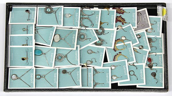 Baroni pendants earrings necklaces charms turquoise: Collection of Baroni jewelry items including (18) pairs of earrings, (10) pendants attached to neckchains and (4) charms/pendants; Some having pearl, turquoise, moonstone or other accents All are atta