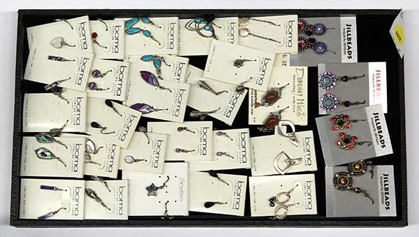 Earrings mother of pearl abalone rhinestone Boma Mark: (Lot of 30) Pairs of earrings including some set with colored rhinestones, some having mother-of-pearl and abalone inlay, etc. Attached to Boma, Mark Steel, Dancing Winds and Jill Beads by Jill Pfefer