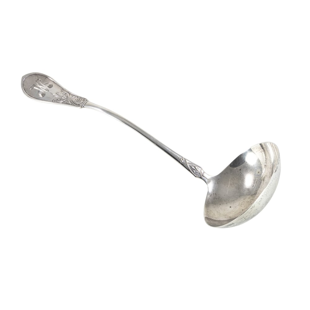 A Schulz & Fischer coin silver soup ladle in the Gem pattern, retailed by M. M. Frederick, Virginia (1 of 4)