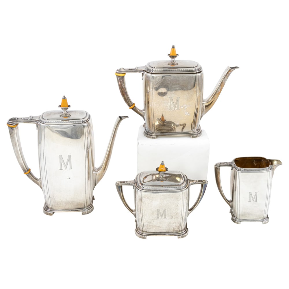 An Art Deco sterling four piece tea and coffee set, Wallace, Rhythm (1 of 4)