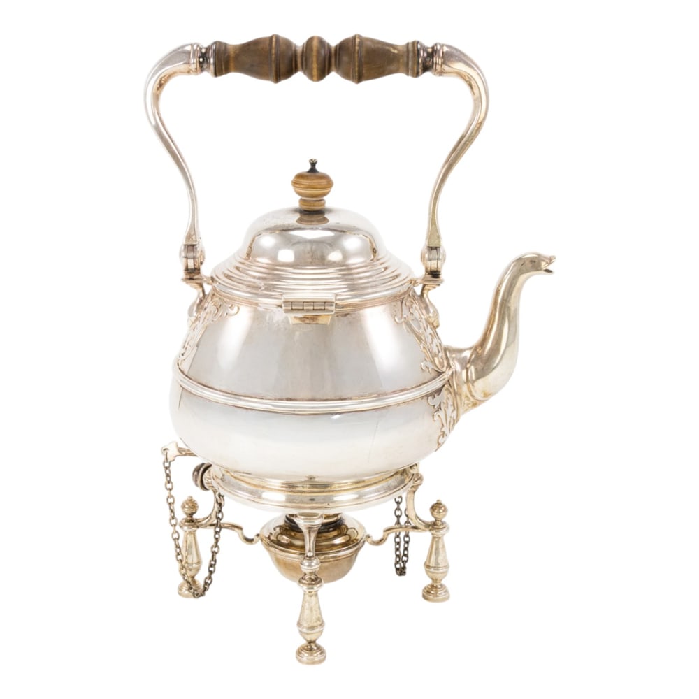 A George VI silver reproduction George I kettle on lampstand (1 of 5)
