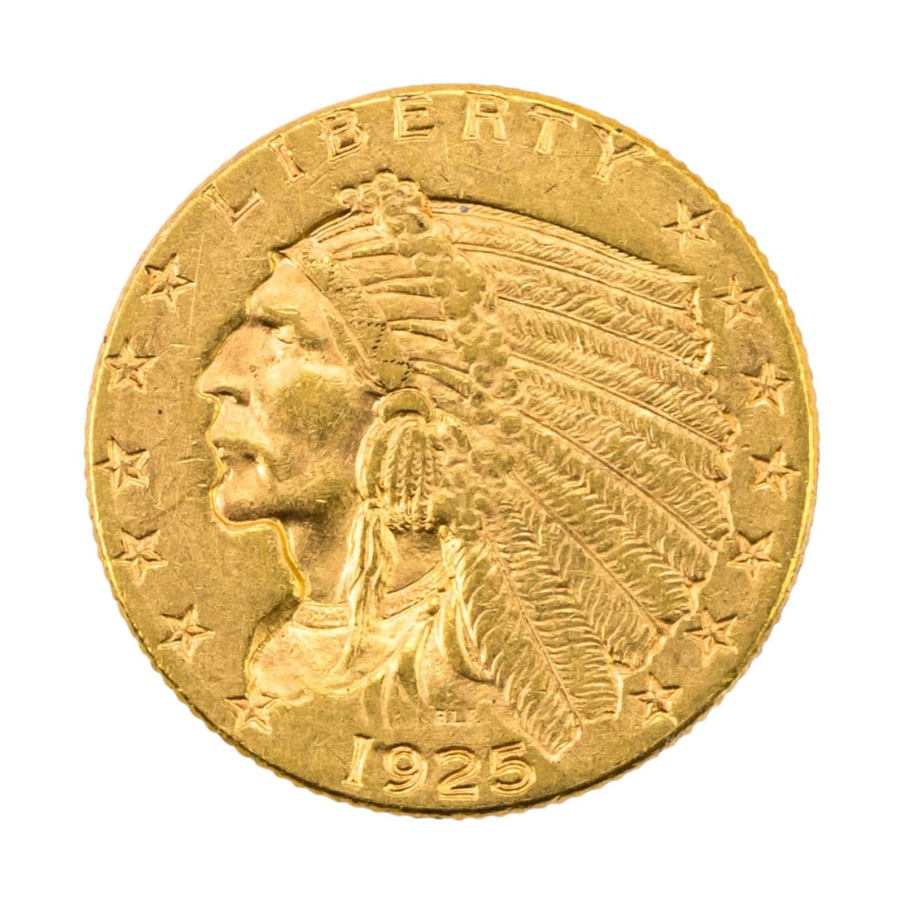 An American gold $2 1/2 Indian Head coin: An American gold $2 1/2 Indian Head coin, dated 1925