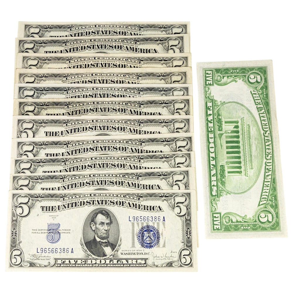 Twelve American paper $5 silver certificates, dated 1934?1953, (1 of 3)
