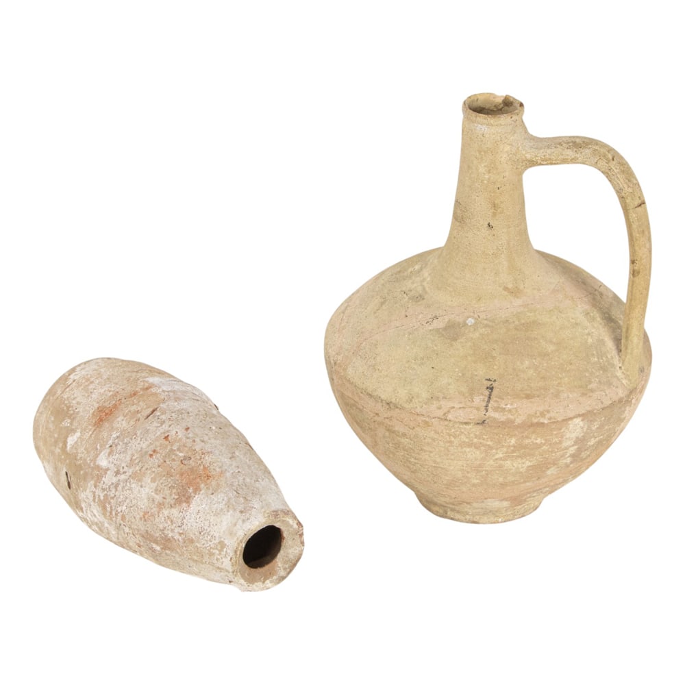 Two Iron age ceramic pots: Two Iron age ceramic pots, circa 1500 BC, 9" and 12"h