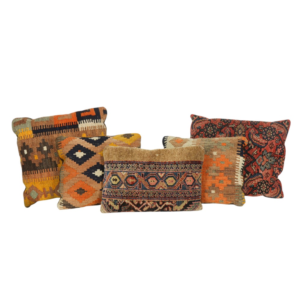 Five antique kilim and velvet throw pillows: Five antique kilim and velvet throw pillows, between 13" x 15" and 16" x 18"