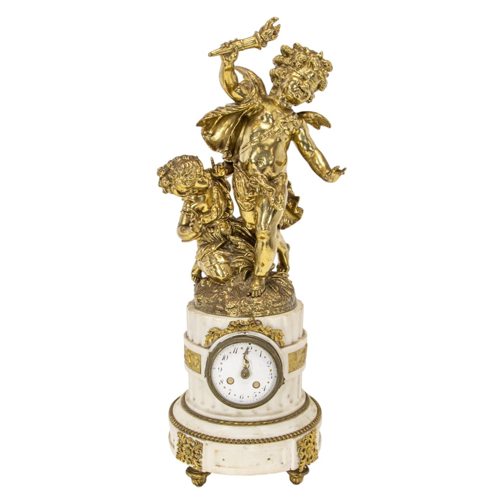 A Neoclassical style gilt bronze figural clock: A Neoclassical style gilt bronze figural clock, modeled as blindfolded Cupid and young girl, indistinctly signed, raised on an associated marble columnar pedestal inset with clock dial, overall 27"h
