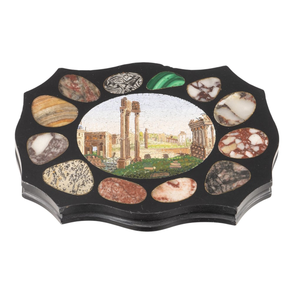 An Italian Grand Tour micromosaic and specimen marble paperweight plaque of the Roman Forum: An Italian Grand Tour micromosaic and specimen marble paperweight plaque of the Roman Forum, 19th century, unsigned, 3.5"h x 5"w
