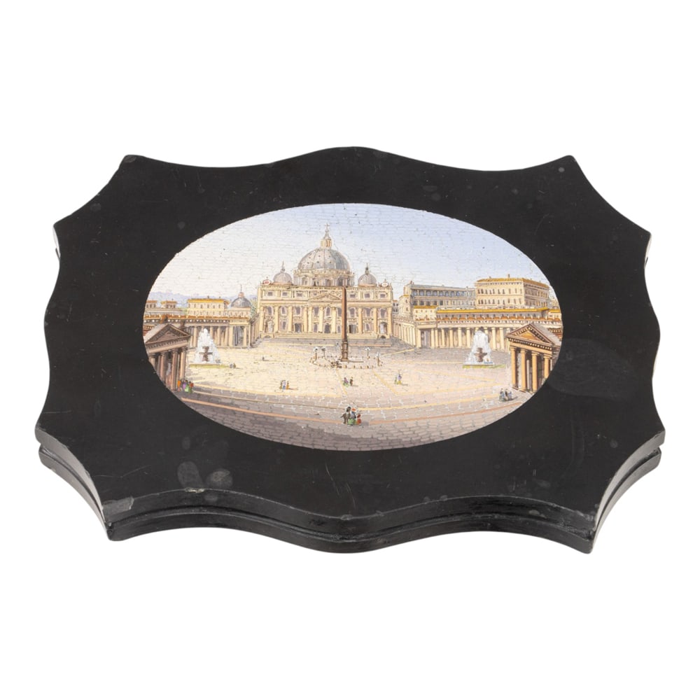 An Italian Grand Tour micromosaic paperweight plaque of St. Peter's Square in Rome: An Italian Grand Tour micromosaic paperweight plaque of St. Peter's Square in Rome, 19th century, unsigned 5"h x 7"w