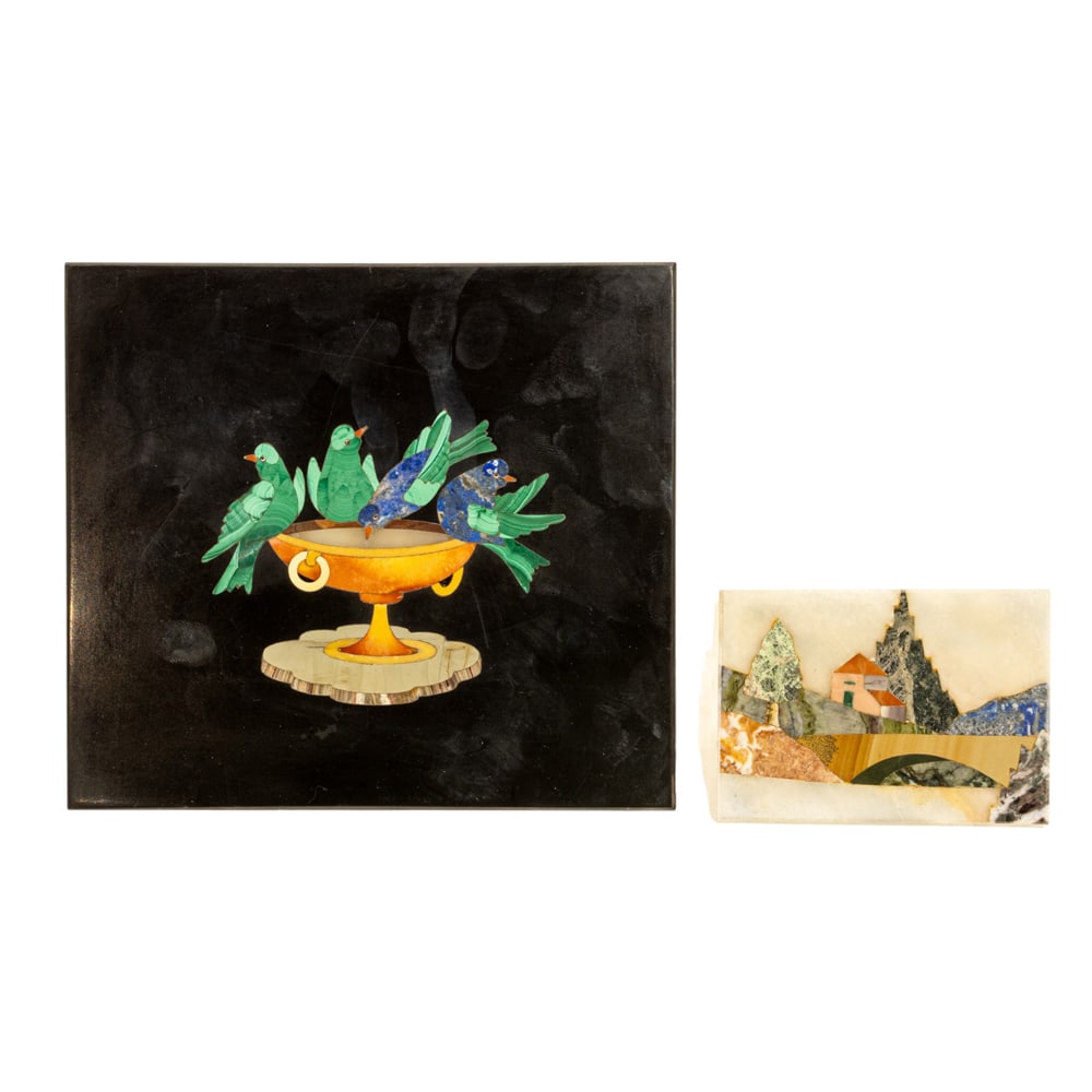 Two Italian mosaic plaques: Two Italian mosaic plaques, mid-20th century, the first Alfredo Buccioni for G. Ugolini plaque of the Doves of Pliny, signed, and applied factory label, 6.5"h x 7.25"w; the second a landscape,