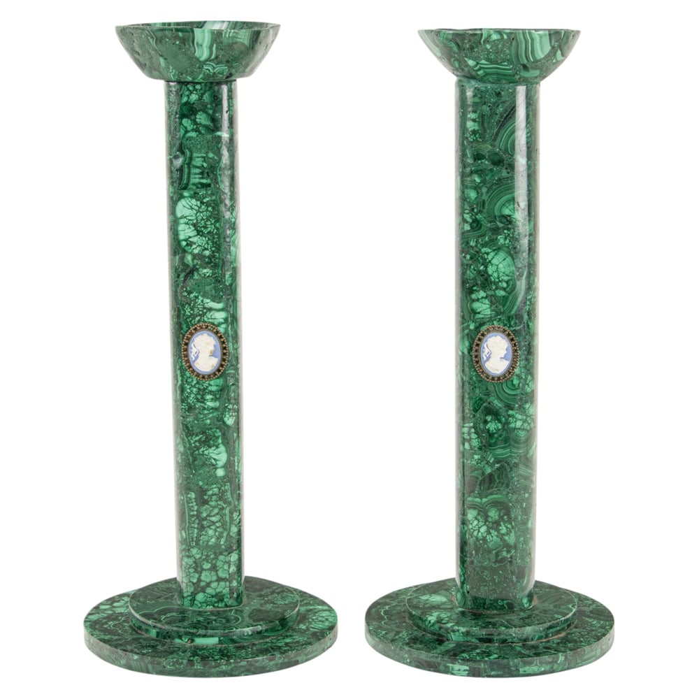 A pair of Russian style malachite candlesticks: A pair of Russian style malachite candlesticks, each with applied blue cameo, 14.5"h x 6"dia (base)