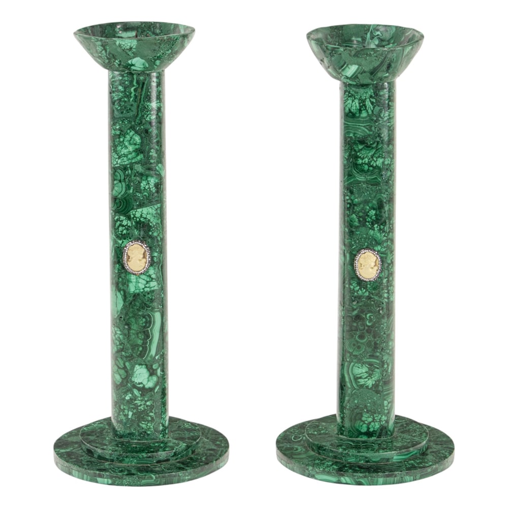 A pair of Russian style malachite candlesticks: A pair of Russian style malachite candlesticks, each with applied white cameo, 14"h x 6"dia (base)