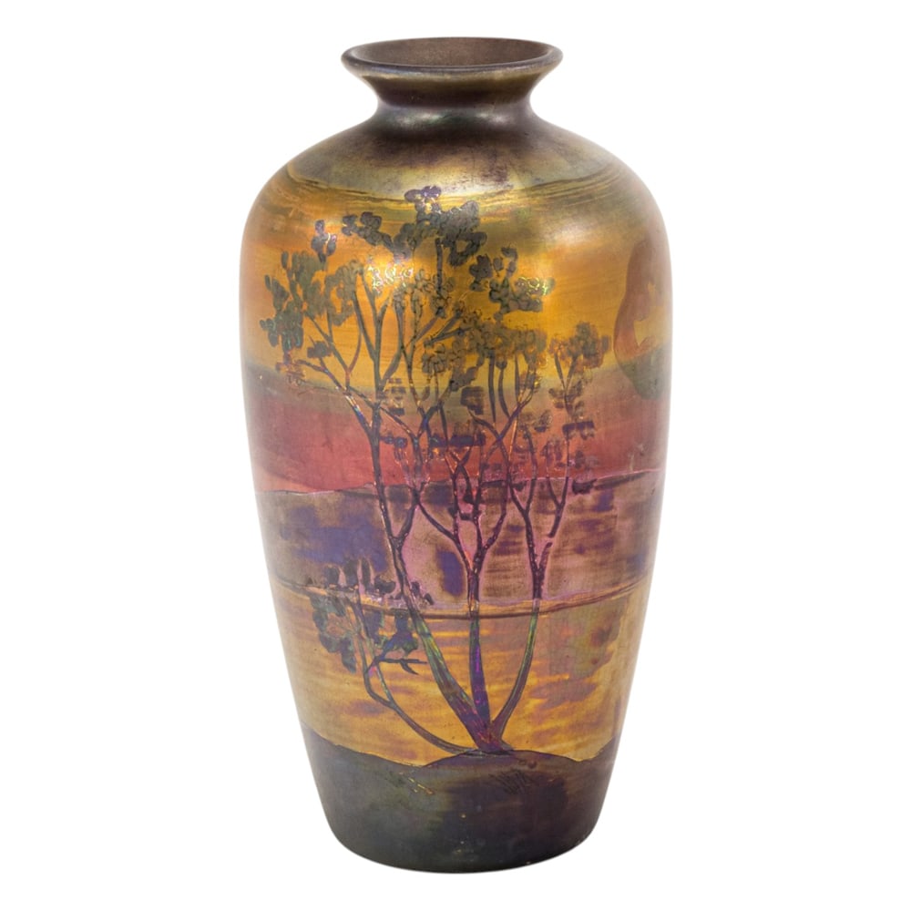 A Weller LaSa iridescent glazed pottery scenic landscape vase: A Weller LaSa iridescent glazed pottery scenic landscape vase, unsigned, 7.5"h
