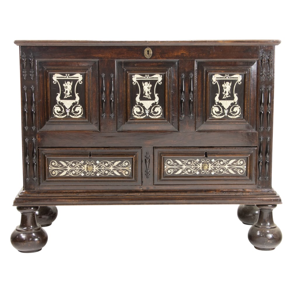 An Anglo-Dutch inlaid chest 18th century and later: An Anglo-Dutch inlaid chest 18th century and later, executed in oak with a paneled front, each centered with allegorical figures, and rising on impressive ball feet, 42"h x 52.5"w x 22.5"d