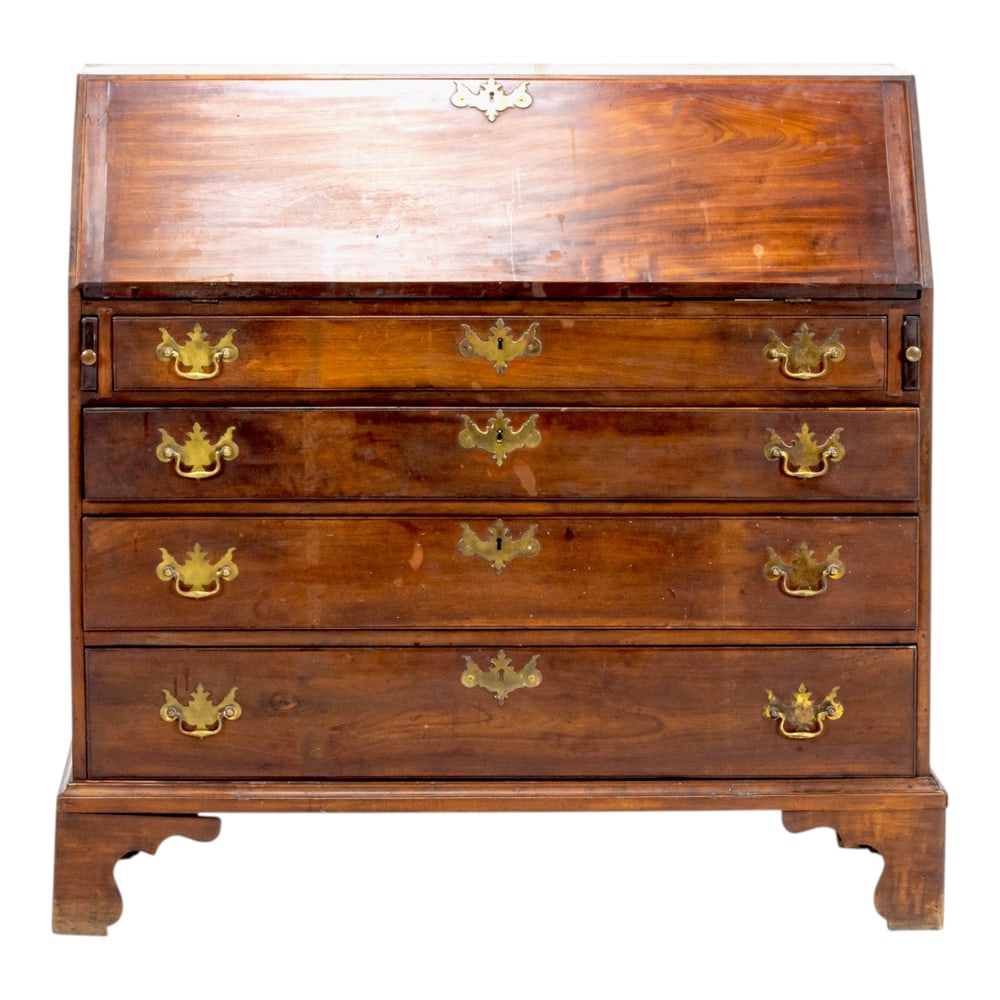 A Chippendale mahogany drop front desk 18th century: A Chippendale mahogany drop front desk 18th century, with a slat front opening to the fitted cubbies and 40"h x 41"w x 18.5"d. Property of a private collection, Presidio Heights, San Francisco