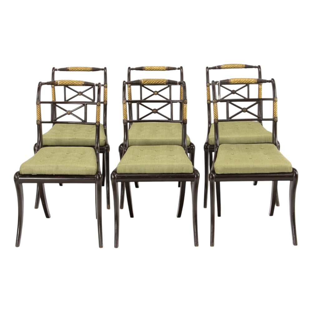 A set of six Napoleon III chairs 19th century: A set of six Napoleon III chairs 19th century, the partial gilt back with barley twist reserves continuing to the later silk covered drop in seat, and rising on sabre legs, 34.5"h x 19"w x 20"d (overa